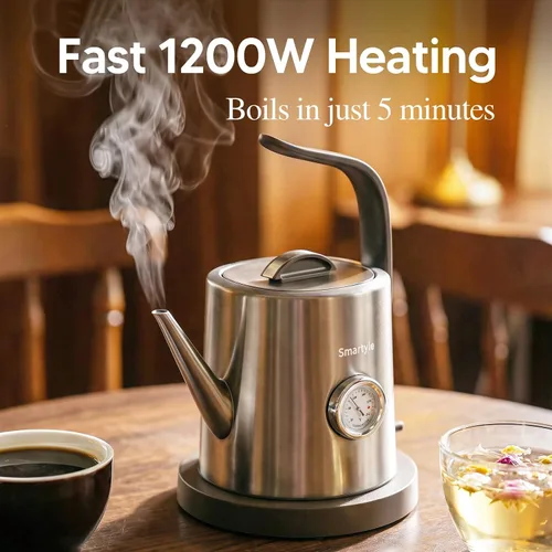 Miniatura 5 de Smartyle® Tetera eléctrica con termómetro, hervidor eléctrico de cuello de cisne de 1.0L, acero inoxidable 304, apagado automático, cafetera de 1200