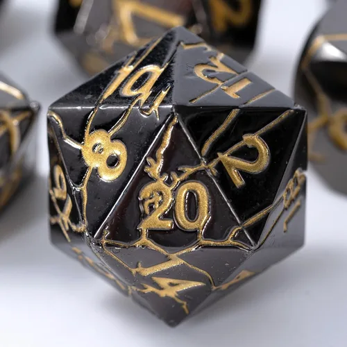 Miniatura 24 de Dados de metal para DND – Ruinas de faraón oro oscuro con grietas moradas – Juego de dados poliédricos para D&D, RPG y más – Bellamente detallados