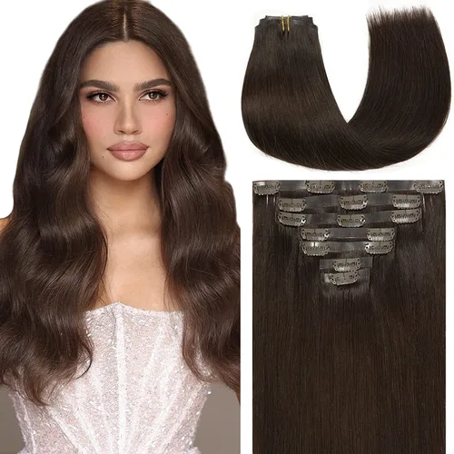 Miniatura 84 de Loxxy Extensiones de cabello humano con clip, sin costuras, 22 pulgadas, color marrón oscuro a castaño oscuro y marrón oscuro, 7 piezas