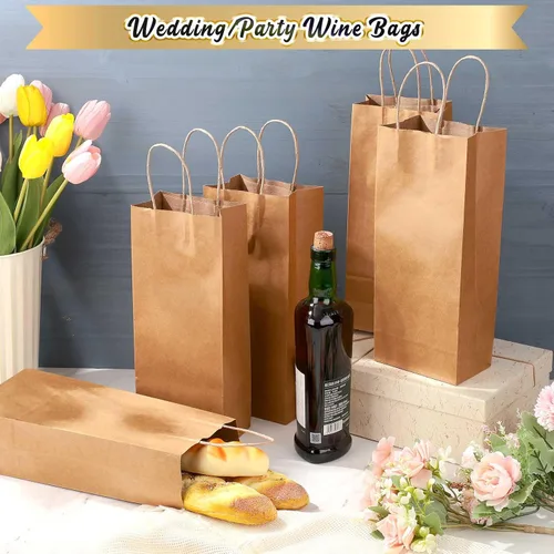 Miniatura 4 de Handepo 50 bolsas de papel kraft para vino con asas prácticas de 13 x 5.3 x 3.3 pulgadas, bolsas de compras para pequeñas empresas (marrón)