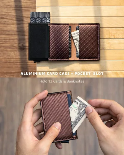 Miniatura 28 de VULKIT Tarjetero RFID Bloqueo de Cuero Automático Pop Up Cartera Aluminio Slim Pocket Tarjeta de Visita