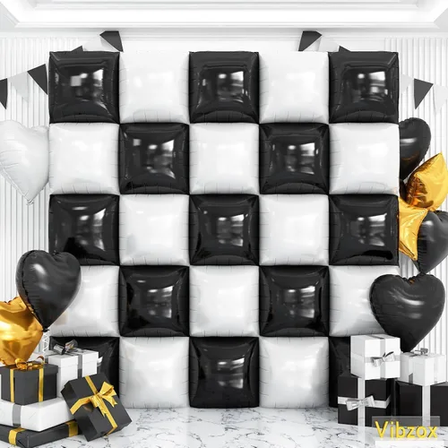Globos cuadrados en blanco y negro para pared, globos cromados y blancos de doble cara, kit de arco de túnel, telón de fondo para tablero de ajedrez
