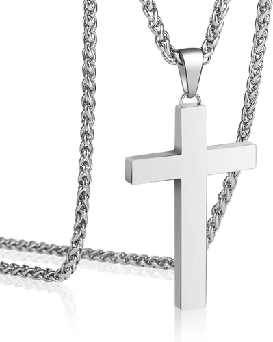P. BLAKE Collar con colgante de cruz de acero inoxidable para hombres y niños, colgante de cruz cristiana con cadena de 24 pulgadas