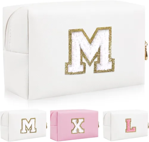 Miniatura 20 de Bolsa de maquillaje con parche de letra inicial personalizada, bolsa de cosméticos de chenilla preppy con letra de chenilla con cremallera, Y