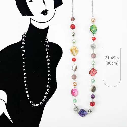 Miniatura 5 de FULU AUTUMN Collares largos de cuentas para mujer, collar de cadena de eslabones de plata con cuentas de cristal de concha, regalos de fiesta