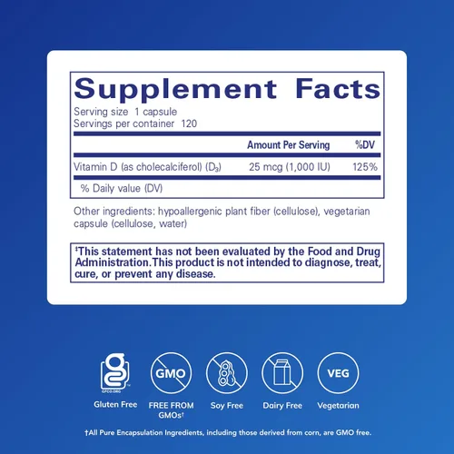 Miniatura 2 de Pure Encapsulations Vitamina D3 25 mcg (1,000 UI) - Suplemento para apoyar la salud ósea, articulación, mama, corazón, colon e inmune - con vitamina