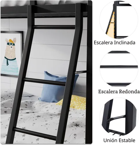 Miniatura 5 de SHA CERLIN Cama Litera Loft Tamaño Individual sobre Individual con Escalera y Barandilla, Soporte de Listones de Metal Resistente Sin Necesidad
