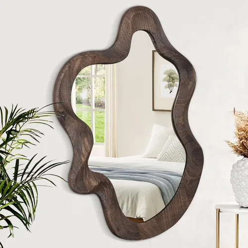 Miniatura 22 de Espejo asimétrico para decoración de pared, grande, moderno, ondulado, con marco de madera, espejo de pared con forma única montado en pared