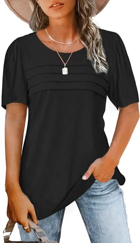 Miniatura 61 de JomeDesign - Camisetas casuales de verano para mujer, manga corta, cuello redondo, manga abullonada