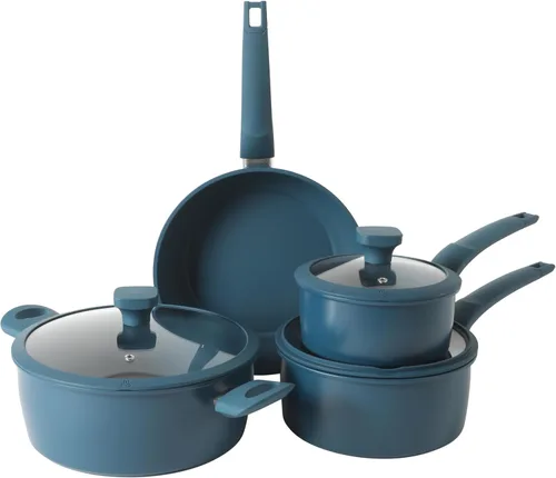 Gibson Home Helensburgh - Juego de utensilios de cocina antiadherentes de acero al carbono de 7 piezas sin PFA, ollas y sartenes azules con tapas de
