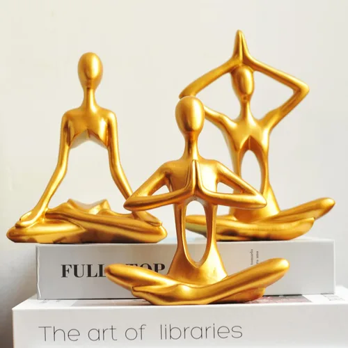 Figuras doradas para decoración del hogar, 3 piezas, estatuas de yoga, estantería, decoración de estante dorado, decoración de oficina, escultura