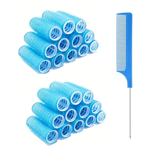 Juego de 24 rodillos autoadhesivos sin calor para peluquería profesional y peluquería de bricolaje, rizadores de pelo medianos cortos con peine de