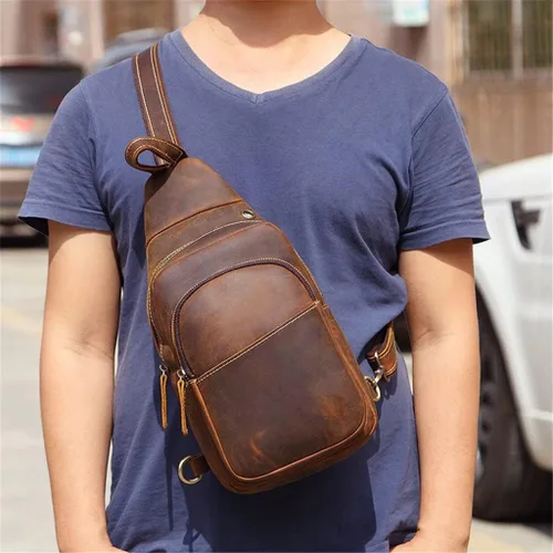 Miniatura 3 de Ztimi Bolso de pecho de cuero retro para hombre, bolso de mensajero de moda, mochila de cuero para hombre (color A Tamaño 11.8 x 4.7 x 7.1in)
