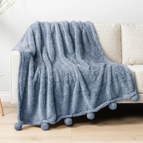 Miniatura 8 de PAVILIA Manta de sherpa negra para sofá, cálida manta de felpa con pompones, manta mullida para sofá, ligera, suave y acogedora con pompones, 50 x