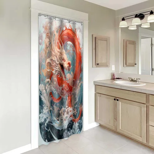 Miniatura 5 de YLOKPA0717 - Cortina de ducha de dragón japonés con ganchos, enorme ola de mar, cortina de baño de dragón rojo, 36 x 72 pulgadas, decoración de baño