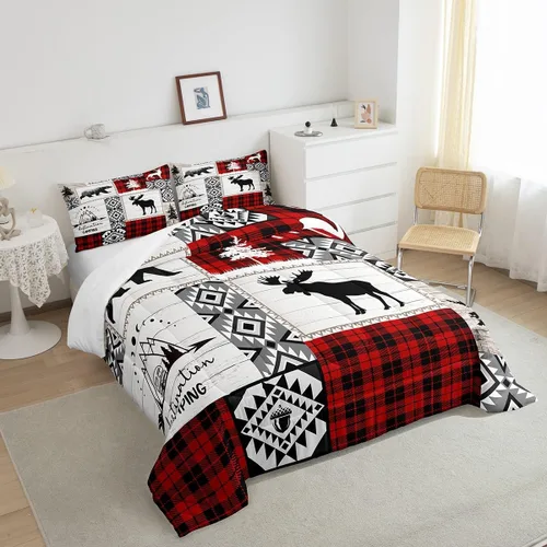 Miniatura 33 de Juego de edredón de cuernos de ciervo tamaño individual, juego de ropa de cama rústica de granja con huellas de oso y pinos para decoración