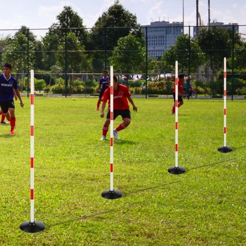 Miniatura 6 de Juego de poste de agilidad de fútbol rojo-blanco con base de goma, palo de dribling, señal de advertencia de tráfico, poste de entrenamiento Paquete