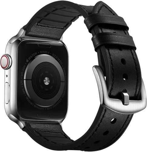 Miniatura 8 de OUHENG Correas de cuero compatibles con Apple Watch de 42mm 41mm 40mm 38mm, correa híbrida de cuero genuino y goma para iWatch Series 11 10 9 8 7 6