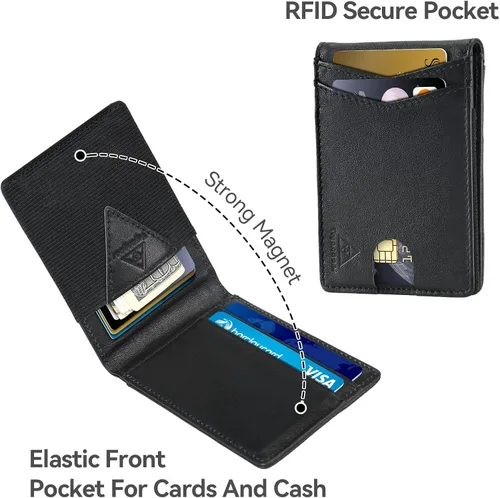 Miniatura 8 de Tryangoos Cartera delgada minimalista de cuero genuino con bloqueo RFID para hombres, bolsillo frontal con cierre magnético, bolsillo frontal