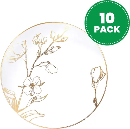 Miniatura 2 de Platos de 7 pulgadas, 10 unidades, platos de fiesta de plástico blanco con diseño floral y borde dorado, vajilla desechable elegante de peso pesado