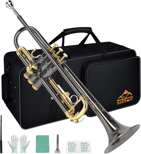 EASTROCK Bb Trumpet Juego de trompeta estándar con estuche de transporte, guantes, boquilla 7C, kit de limpieza, varilla de afinación, níquel negro,