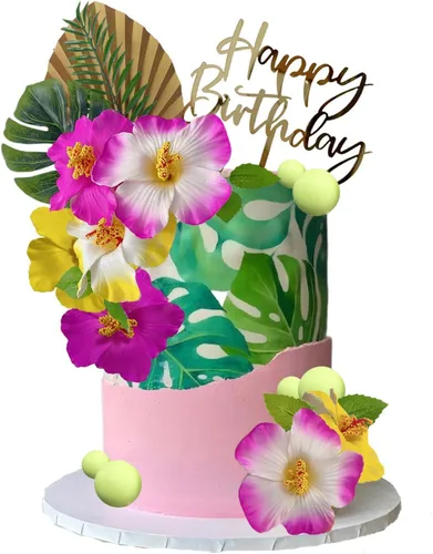 Miniatura 5 de 25 decoraciones de pastel hawaiano para decoración de pasteles de verano con bonitas figuras y hojas de palmera de flores de hibisco para fiestas