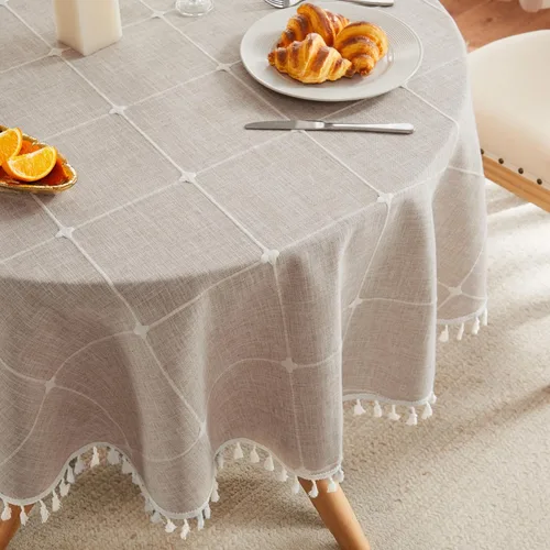 Miniatura 68 de ZeeMart - Mantel de mesa con diseño de cuadrícula boho y borlas (blanco roto, 132 cm x 132 cm), mantel de gran peso de lino a cuadros bordado