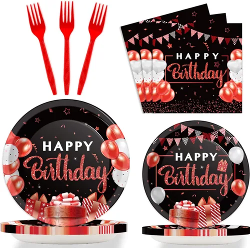 Miniatura 8 de 96 piezas de decoraciones de fiesta de feliz cumpleaños en negro, blanco y plateado, juego de vajilla de cumpleaños, confeti espolvoreado, platos