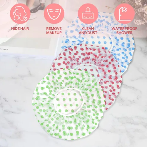 Miniatura 7 de 3 gorros de ducha, elásticos, reutilizables, impermeables, de plástico, para mujeres, mujeres, spa, salón de belleza (rojo, verde y azul)