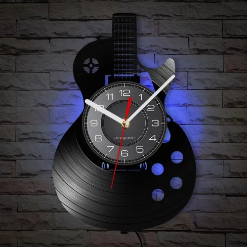 Guitarra acústica de 12" reloj de pared de vinilo LED con 7 colores que cambian con control remoto, instrumento musical, decoración de pared para
