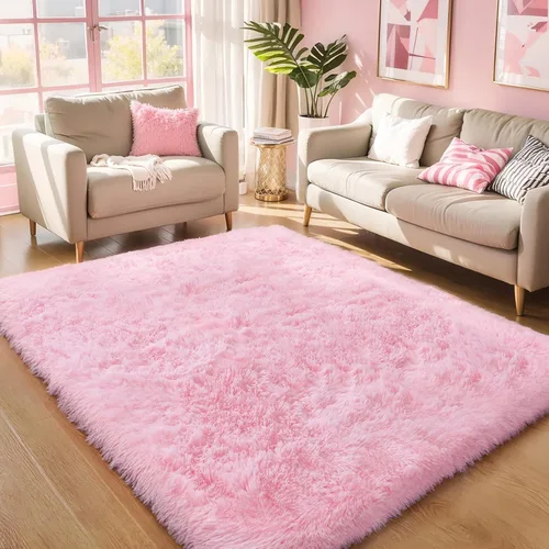 Alfombras de área rosadas esponjosas de 4x6 pies para dormitorios de niñas, alfombra suave lavable difusa peluda shag para habitación de niños,