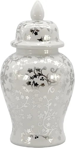 Miniatura 13 de Galt International Jarrón de Templo de Cerámica Chinoiserie Floral Marrón y Blanco de 18" con Tapa - Jarrón de Jengibre Decoración para Hogar