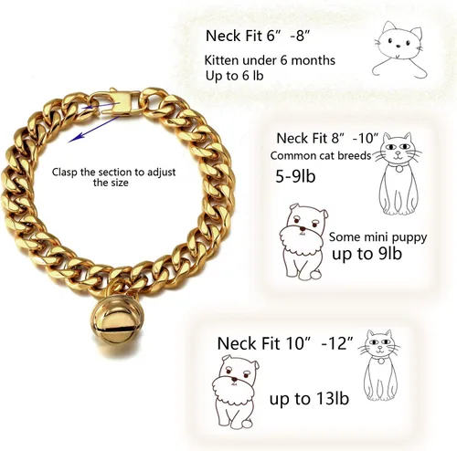 Miniatura 4 de Gargantilla ancha de acero inoxidable para gatos y perros, de oro de 18 quilates, ajustable, a prueba de mordidas, eslabones cubanos de 1/2 pulgada