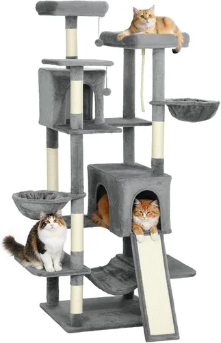 Miniatura 11 de PawHut Árbol de flores para gatos, torre grande de 74 pulgadas para gatos de interior con 2 amplios condominios, postes rascadores de sisal, 2 bolas