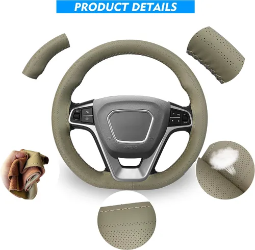 Miniatura 3 de Carodi Funda de volante de piel, diseño transpirable y antideslizante, sensación suave y cómoda, universal, 15 pulgadas, para auto, con costura Beige