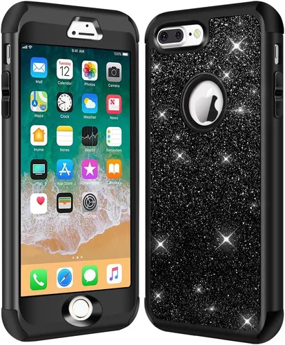 Miniatura 6 de Hython Defender con brillantina, carcasa rígida híbrida, a prueba de golpes, goma para iPhone 7 Plus y 8 Plus, Negro Oscuro