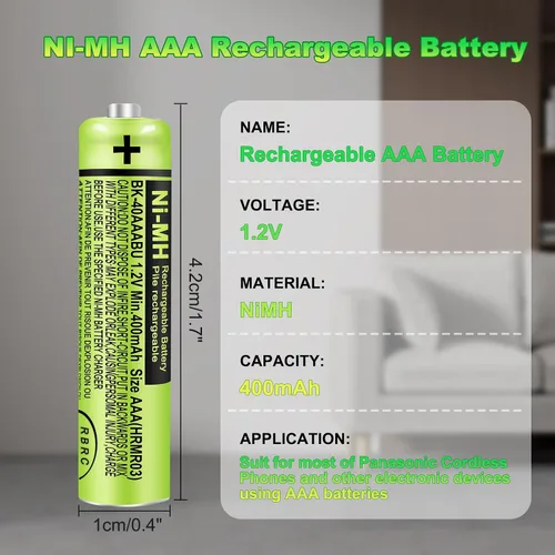 Miniatura 2 de Paquete de 4 baterías recargables AAA BK-40AAABU de 400 mAh 1.2 V para teléfono inalámbrico Panasonic Ni-MH AAA Baterías para controles remotos