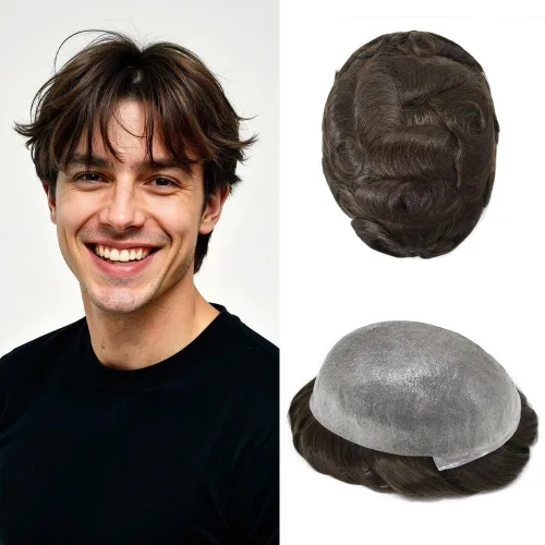 Toupee - Pieza de cabello humano real, sistema de reemplazo de cabello de piel ultrafina, piezas de cabello tipo tupé, prótesis de cabello con bucle