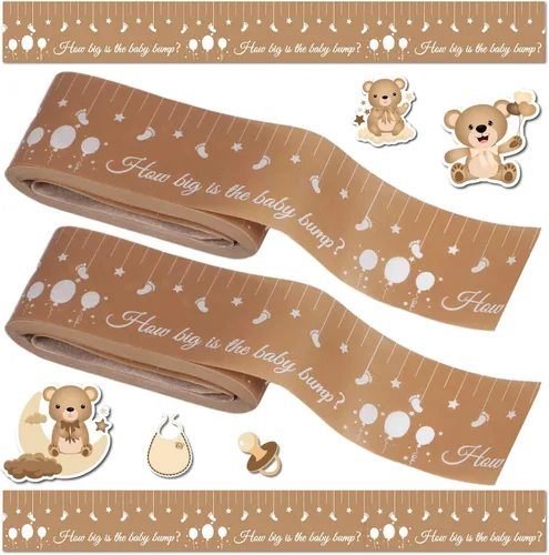 Miniatura 9 de Juegos de baby shower para género neutro How Big is Mommys Belly Tape de 150 pies de medida Cinta métrica de vientre embarazada oso Baby Shower Azul