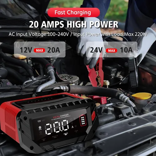 Miniatura 3 de Cargador de batería de coche de 20 amperios, cargador automotriz inteligente de 12 V/24 V, mantenedor de batería, cargador de goteo para automóvil