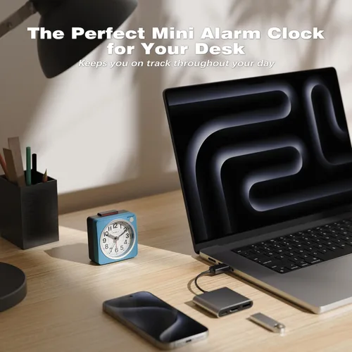 Miniatura 4 de AYRELY® Reloj despertador analógico de viaje ultra pequeño de 2.6 x 1.4 pulgadas, silencioso, sin tictac, con repetición y luz, reloj retro de Azul
