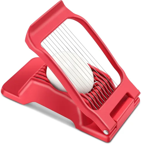 Cortador de huevos para huevos duros, alambre de acero inoxidable, cortador de huevos de aluminio resistente multiusos para huevos, ensaladas, Rojo