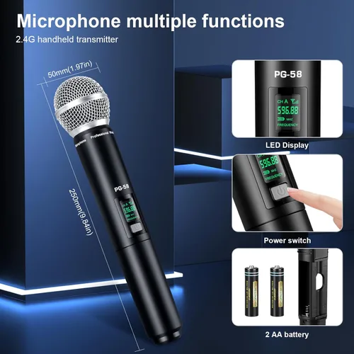 Miniatura 7 de Sistema de micrófono UHF inalámbrico, con 2 dispositivos de mano, escaneo automático, frecuencias UHF de 2 x 50, rango de 200 pies, micrófono