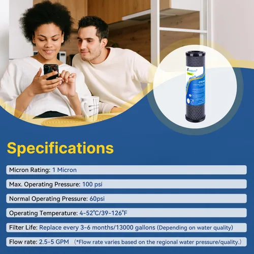 Miniatura 8 de EXCELPURE Cartucho de filtro de agua de carbono CTO de 1 micrón de 10 x 2.5 pulgadas para toda la casa para sistema de encimera del hogar, Dupont