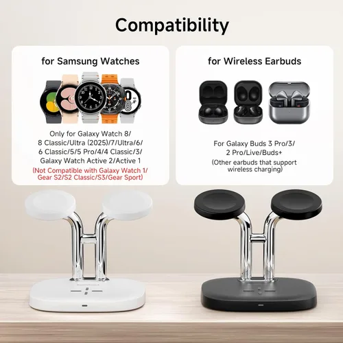 Miniatura 2 de SwanScout Cargador de reloj doble, SwanScout 704S, estación de carga inalámbrica 3 en 1 para Samsung Galaxy Watch 8 Classic/8/Ultra/7/6/6 Classic/5