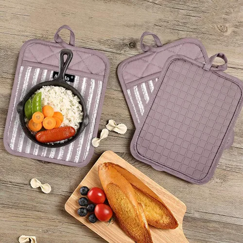 Miniatura 6 de Alselo Juego de 3 Agarraderas de Ollas de Silicona Resistentes al Calor y Antideslizantes, Almohadillas Calientes Profesionales para Horno con Morado