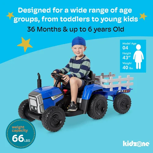 Miniatura 5 de Kidzone - Versión premium de 12 V 7 AH con neumáticos de goma EVA con motores duales de 35 W, tractor eléctrico alimentado con remolque, juguete