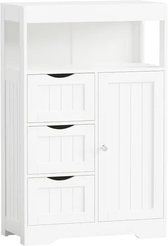 JUMMICO Armario de suelo de baño, organizador de almacenamiento independiente de madera con 1 puerta y 3 cajones, armario de almacenamiento de baño