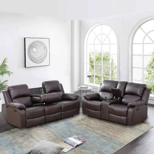 Miniatura 8 de Juego de sofá reclinable manual, muebles de cuero regenerado para sala de estar, sofás reclinables de cuero con portavasos, consola