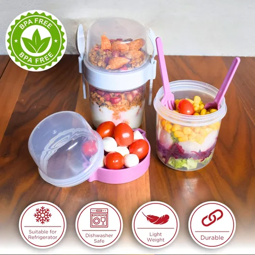 Miniatura 3 de salda Paquete de 4 tazas de desayuno sobre la marcha, taza de yogur para llevar y llevar con cobertura de cereales con cuchara y tenedor, frasco